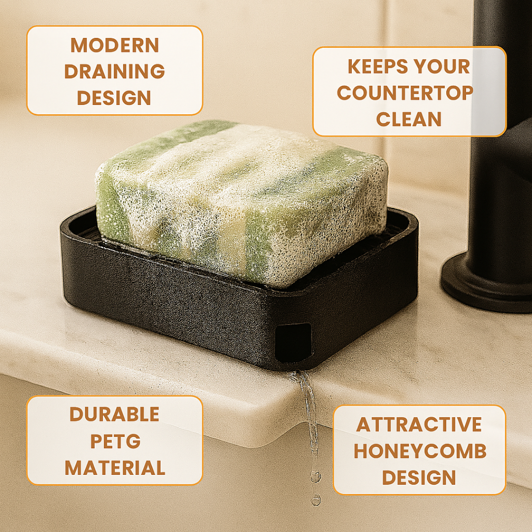Modern Draining Soap Dish | Black Soap Holder Tray for Sink, Shower or Bathroom | Bar Soap Saver with Drain | PETG Two-Piece Soap Tray